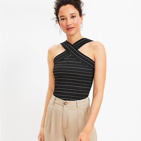 LOFT Jacquard Smocked Crossover  Halter Top - Picture 1 of 9